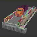 Yellow Dump Truck Driving On Metal Frame Bridge With Concrete Base