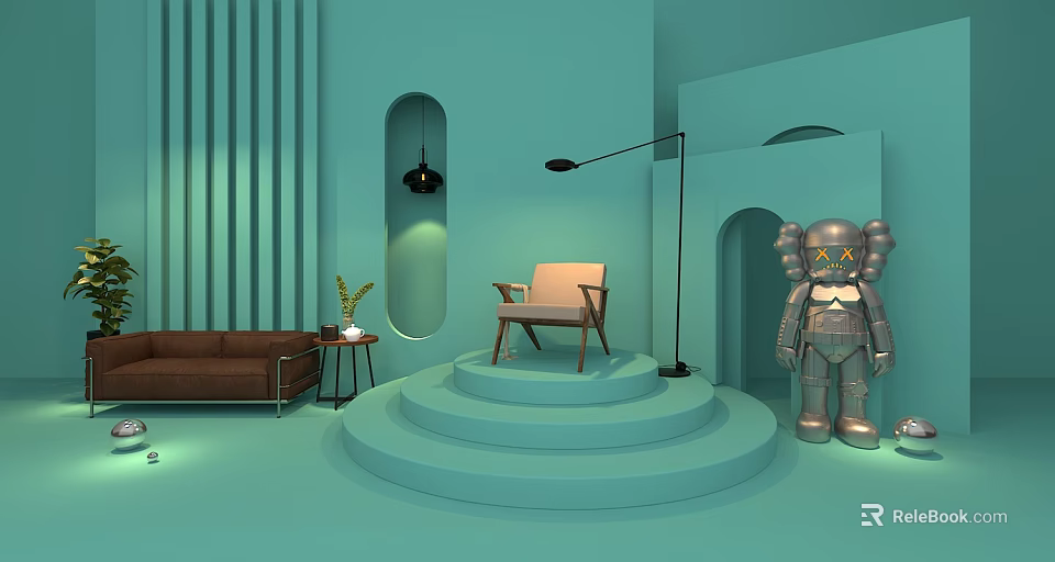 Exhibition Tables And Chairs In Light Green Room With Striped Walls Floor Lamp Stepped Platform 3d model 