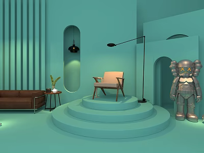 Exhibition Tables And Chairs In Light Green Room With Striped Walls Floor Lamp Stepped Platform 3d model
