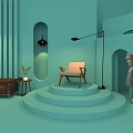 Exhibition Tables And Chairs In Light Green Room With Striped Walls Floor Lamp Stepped Platform