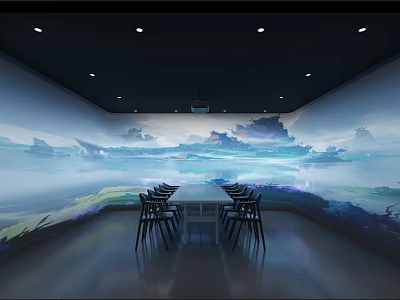 Modern Dining Space With Landscape Mural Long Table Black Chairs And Recessed Lights 3d model