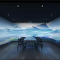 Modern Dining Space With Landscape Mural Long Table Black Chairs And Recessed Lights