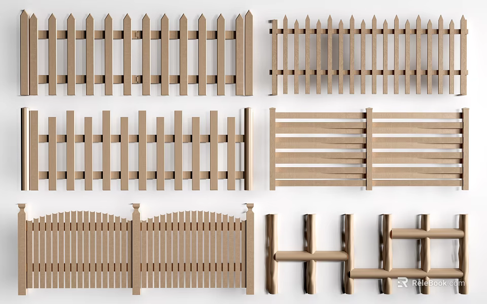 Wooden Railings Featuring Various Styles Including Vertical Horizontal And Lattice Designs 3d model 