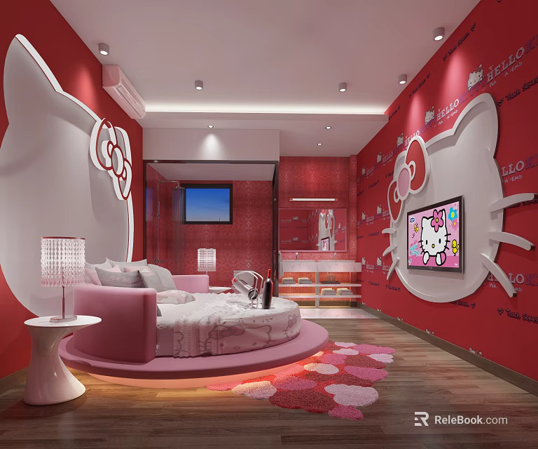 Hello Kitty Themed Hotel Room With Red Walls Pink Circular Bed And TV 3d model 
