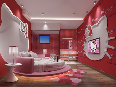 Hello Kitty Themed Hotel Room With Red Walls Pink Circular Bed And TV 3d model