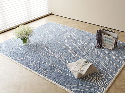 Blue Square Rug With White Textured Pattern And Vase Of Flowers Magazines On Wooden Floor 3d model