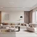Modern Living Dining Room Interior With Beige Sofa Coffee Table Floor Lamp And TV Wall