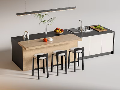 Modern Kitchen Interior With Island Counter Stools Fresh Fruits and Green Plant 3d model