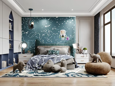 Kids Room Starry Sky Wall Constellations Green Headboard Bed Plush Toys Round Bean Bag Chair 3d model