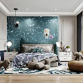Kids Room Starry Sky Wall Constellations Green Headboard Bed Plush Toys Round Bean Bag Chair