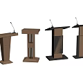 Various Modern Podiums with Microphones in Different Wooden and Black Designs