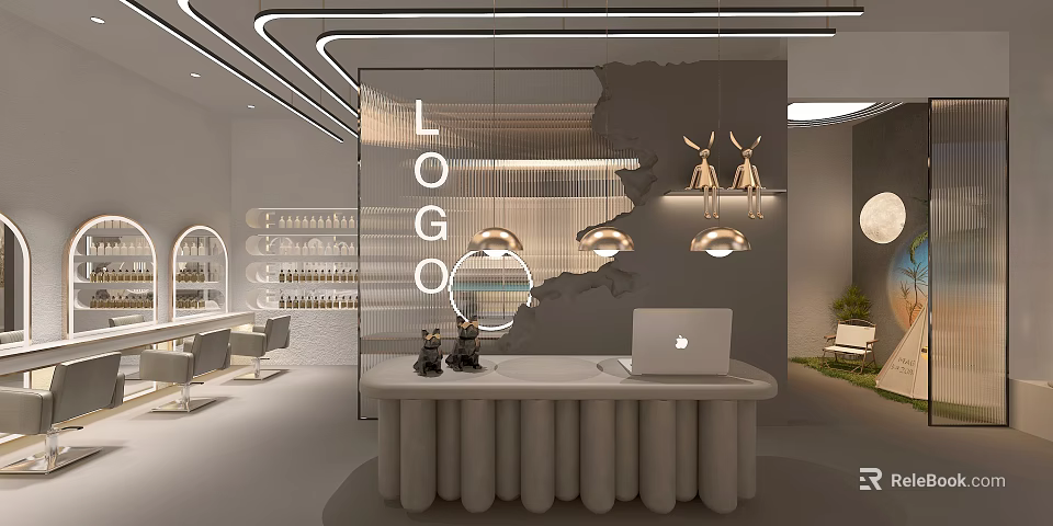 Modern Beauty Salon Interior Design With Reception Counter Mirrors Decorative Lighting And Elegant Decor 3d model 