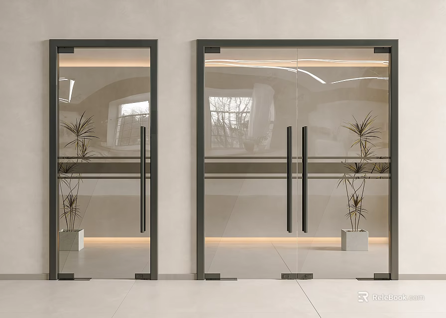 Modern Glass Double Doors With Black Frames And Indoor Potted Plants Interior Design 3d model 