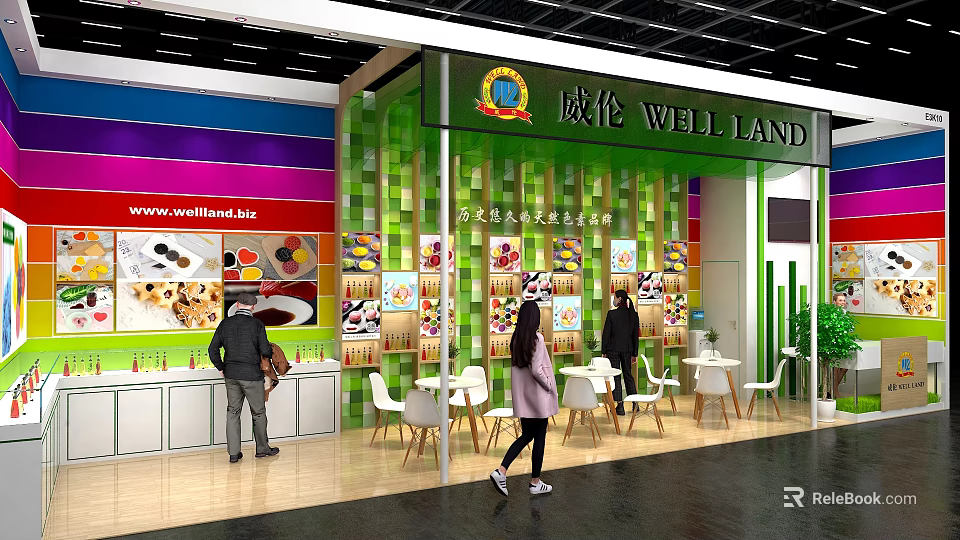 WELL LAND Exhibition Booth Featuring Colorful Striped Walls Green Pillars And Food Display With Visitors 3d model 