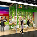 WELL LAND Exhibition Booth Featuring Colorful Striped Walls Green Pillars And Food Display With Visitors