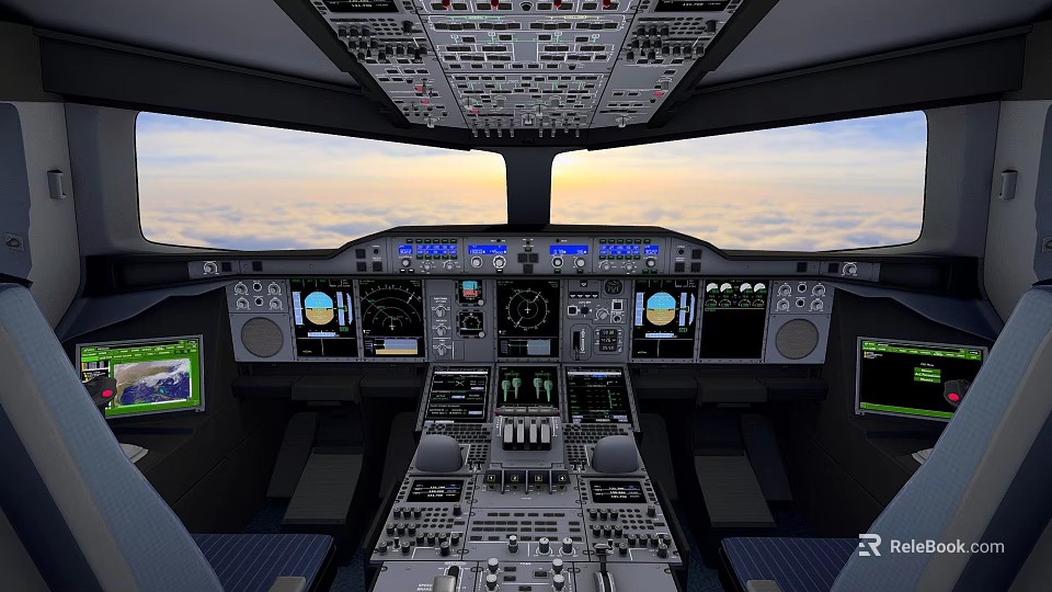 Aircraft Cockpit Interior With Control Panels Flight Instruments And Sunset Sky View 3d model