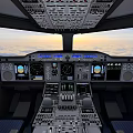 Aircraft Cockpit Interior With Control Panels Flight Instruments And Sunset Sky View 3d model