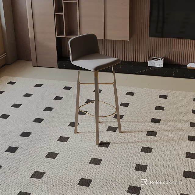 Modern Grey Upholstered Bar Stool With Gold Metal Legs On Checkered Carpet 3d model 