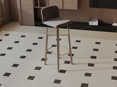 Modern Grey Upholstered Bar Stool With Gold Metal Legs On Checkered Carpet 3d model
