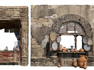 Traditional Stone Wall With Carved Decorations Arched Window Wooden Shelf Plates And Clay Pots 3d model