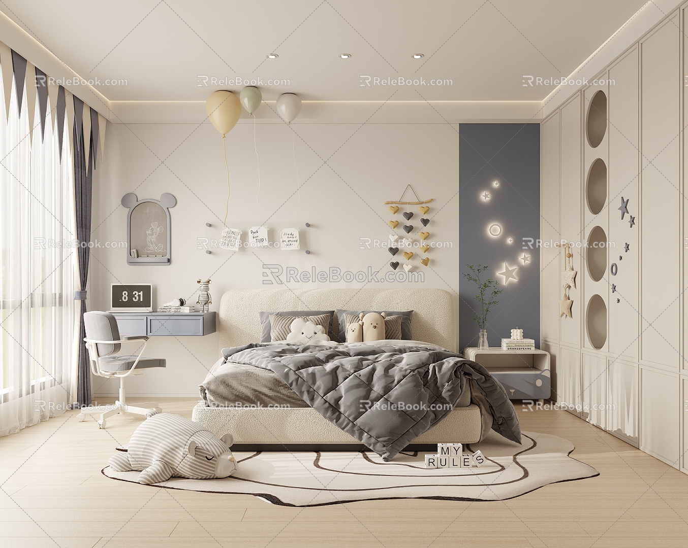 Modern Children's Bedroom Boys' Room Children's Room Blue Double Bed Children's Bed 3d model