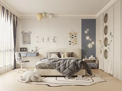 Modern Cozy Kids Room Interior Design With Bed Gray Quilt Desk Star Lights And Balloons 3d model