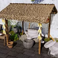 Traditional Garden Landscape with Thatched Roof Tofu Workshop Feng Decorations Stone Mill and Green Plants