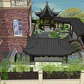 Chinese Courtyard Garden with Traditional Pavilions Rockery Red Maple Tree And Carved Screens
