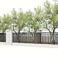 Modern Building Exterior Wall Design With Green Trees And Vertical Metal Fence