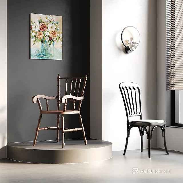 Wooden Carved Armchair And Black Metal Striped Chair With Platform Window Blinds And Wall Art 3d model 