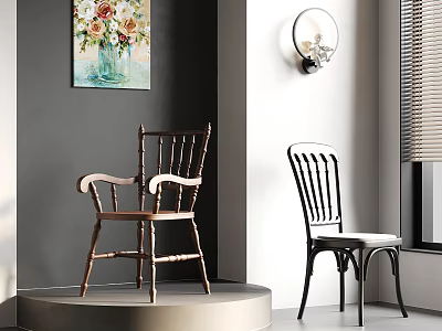 Wooden Carved Armchair And Black Metal Striped Chair With Platform Window Blinds And Wall Art 3d model