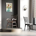 Wooden Carved Armchair And Black Metal Striped Chair With Platform Window Blinds And Wall Art