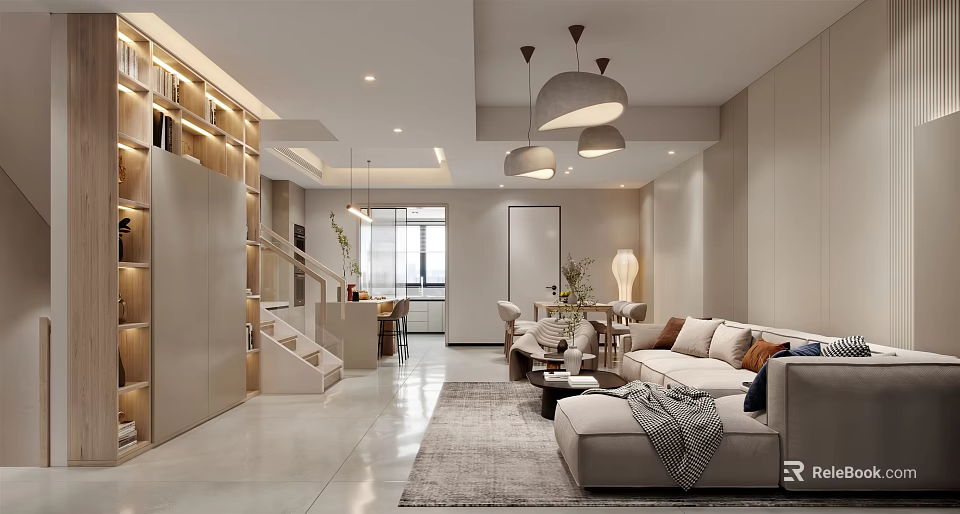 Modern Living And Dining Room Interior With Sofa Dining Table Pendant Lights And Rug 3d model 
