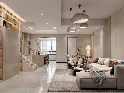 Modern Living And Dining Room Interior With Sofa Dining Table Pendant Lights And Rug 3d model
