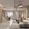 Modern Living And Dining Room Interior With Sofa Dining Table Pendant Lights And Rug