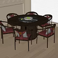 Chinese Style Round Wooden Dining Table With Six Red Cushioned Chairs In Bright Interior