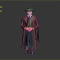 Man In Red Robe Wearing Purple Turban With Dark Garment Hands Crossed Against Gray Background