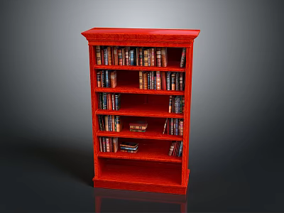 Red Wooden Bookcase With Multiple Shelves Filled With Books For Home 3d model