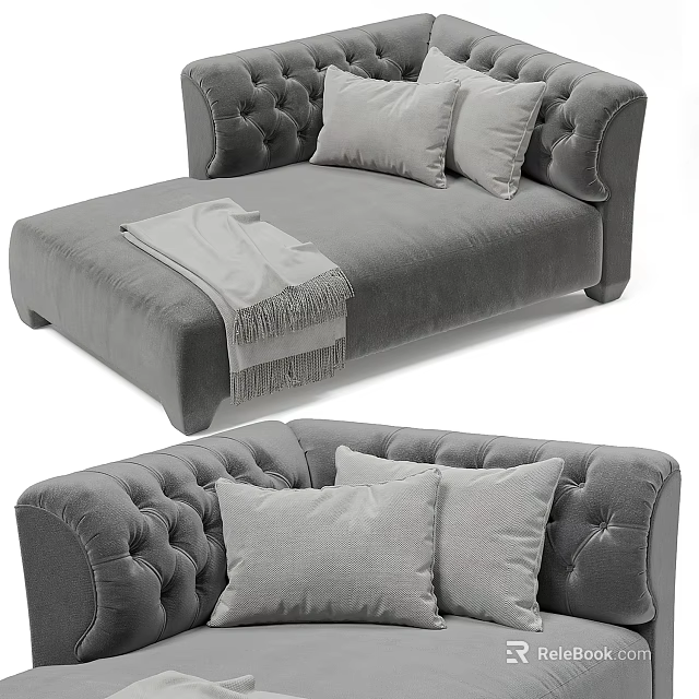 Gray Velvet Tufted Chaise Lounge With Soft Pillows And Throw Blanket 3d model