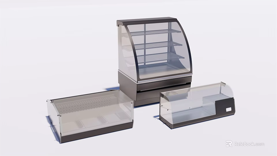 Display Cases and Shelves with Curved Glass Doors Transparent Lids and Metal Frames 3d model 