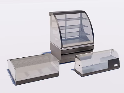 Display Cases and Shelves with Curved Glass Doors Transparent Lids and Metal Frames 3d model