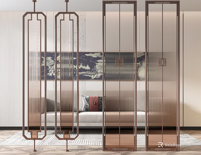 Modern Brass Room Divider With Vertical Slats In Living Room Interior 3d model 