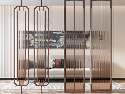 Modern Brass Room Divider With Vertical Slats In Living Room Interior 3d model