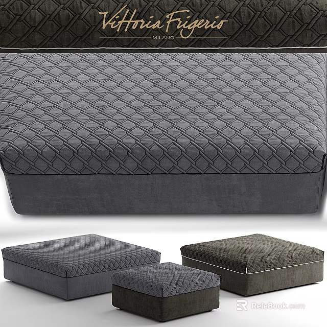 Gray Upholstered Ottomans with Quilted Diamond Pattern and Various Sizes for Home Decor 3d model 