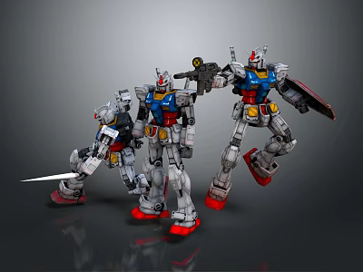 Dynamic Robot Warrior Figures In Silver Blue Red With Sword Shield And Action Stances 3d model