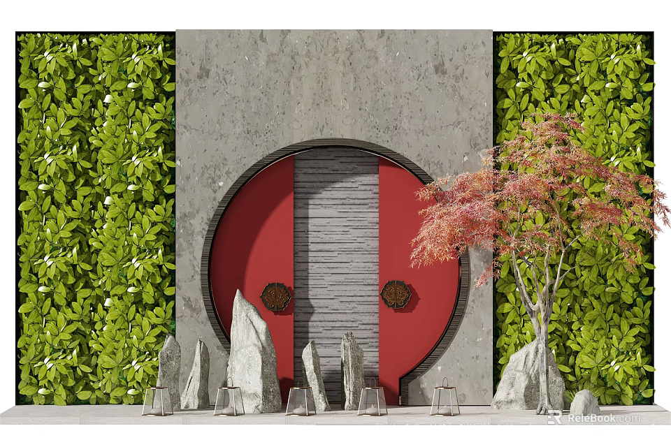 Gray Feature Wall With Circular Red Arch Green Plant Walls Stones And Red Leaf Tree 3d model 