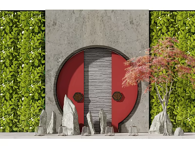 Gray Feature Wall With Circular Red Arch Green Plant Walls Stones And Red Leaf Tree 3d model