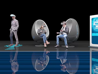 People Using VR Headsets In Egg Shaped Chairs With Large Screen 3d model