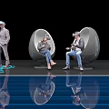 People Using VR Headsets In Egg Shaped Chairs With Large Screen