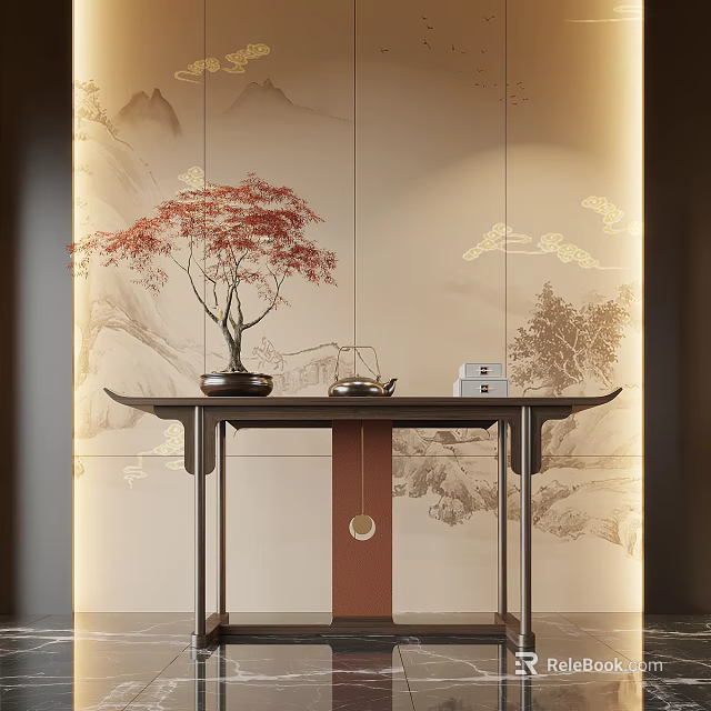 New Chinese Style Tea Table Interior With Red Maple Bonsai And Landscape Cloud Pattern Backdrop 3d model
